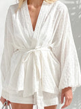 Taooba- White Jacquard V-Neck Robe Two-Piece Set