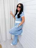 Taooba- Casual Blue Two Piece Round Neck Short Sleeve Tops Wide Leg Pants Set