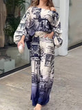 Taooba- Temperament Printed Long Sleeved Bat Shirt Wide Leg Pants Suit