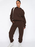 Taooba- Casual Coffee Hooded Long Sleeve Sweater and Trousers Set