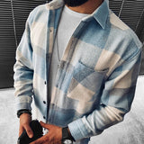 mens clothing styles New Spring and Autumn New Long-Sleeved Blue and White Plaid Long-Sleeved Shirt Casual Stand Collar Pocket Shirt for Men