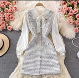 dress to impress codes Autumn Chanel Style Socialite Elegant Bow Lace-up Shirt Two-Piece Suit Tweed Plaid Sling Dress