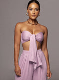 Taooba- Pink Lace-Up Tube Top and Mid Waist Wide Leg Pants