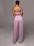 Taooba- Pink Lace-Up Tube Top and Mid Waist Wide Leg Pants