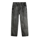 Fashionable Street Fashion Embroidered Spider Web Washed Draping Casual Loose Jeans for Men