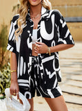 Taooba- Two Piece Oval Geometric Printed Black and White Shorts Set