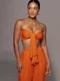 Taooba- Orange Lace-Up Tube Top and Mid Waist Wide Leg Pants