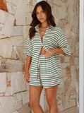 Taooba- Green Striped Half Sleeve Tops and Shorts Set