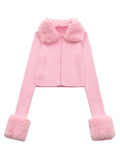 fall outfits women Plush Lapel Slim-Fit Short Long-Sleeved Sweater Style Sweet Pink Plush Cuff Sweater