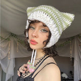 crochet adult hat Japanese Online Celebrity Ins Striped Knitted Wool Hat Women's Cute Trendy Cat Ear Earmuffs Autumn and Winter Warm Hat