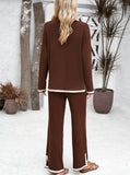 Taooba- Brown Long-Sleeve Shirt and Small Slit Long Pants Knitted Suit