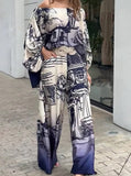 Taooba- Temperament Printed Long Sleeved Bat Shirt Wide Leg Pants Suit