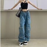 90s streetwear Street Hipster New Fashion Smoky Gray Stitching Multi-Pocket Overalls Street Washed Distressed Long Wide-Leg Pants