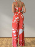 Taooba- Sexy Casual Printed V Neck Crop Top & High Waist Wide Leg Pants Set