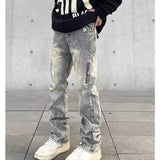 y2k American High Street Yellow Mud Dyed Vibe Style Washed Distressed Breasted Jeans Men's Ins Trendy Straight Zipper Long Pants