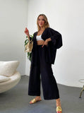 Taooba- Simple Cardigan Long-Sleeved Top Pocket Wide-Leg Trousers Set