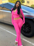 Taooba- Pink 2 Piece Crop Top Zipper Jacket and Flared Pants Set