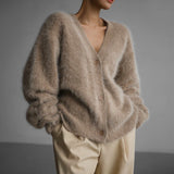 knitted Faux Mink Fur V-neck Knitted Cardigan for Women Autumn and Winter New Lazy Loose Long Sleeve Outer Sweater Coat