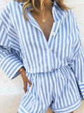 Taooba- Blue Two Piece Stripes Casual Long Sleeve Shirt Shorts Set