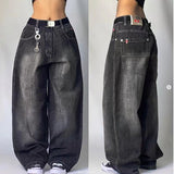 Taooba back to school fits Black Gray Denim Wide Leg Pants Jazz Dance Dancing Pants American High Waist Retro Distressed Ins Niche Design Sense