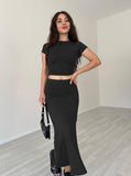 Taooba- Casual Black Round Neck Crop Top and Skirt Set