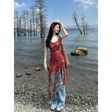 cybergoth dress to impress Retro Red Floral Mesh Sling Dress Women's Summer Design Sense Niche Irregular All-Match Stacked Skirt