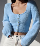 Taooba Aria Rose Button Fuzzy Crop Cardigan in Blue