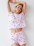 Taooba- Two Piece Knitted Heart Print Short-Sleeved Shorts Set