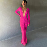 pink dress Sexy Women's Winter Two-Way Evening Dress Pleated Long Sleeve Backless Long Socialite Temperament Dress