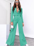 Taooba- Teal Long Sleeve Collared Top and Loose Pants Set