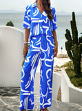 Taooba- Blue Temperament Printed Short-Sleeved Suit