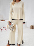 Taooba- White Knitted Long-Sleeve Shirt and Small Slit Long Pants Suit