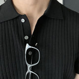 Taooba-5249 BLACK VERTICAL KNITTED SHORT SLEEVE COLLAR SHIRT