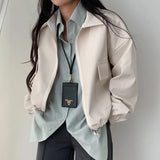 business casual outfits Chic Autumn Niche Lapel Double Open Zipper Design Large Pocket Loose Leather Coat for Women