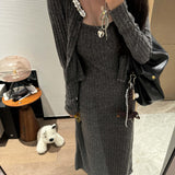 fall outfits 2024  Autumn New Korean Style Beaded Sequin Stitching Cardigan + Sling Dress Long Dress Two-Piece Set Lazy Suit Women