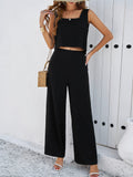 Taooba- Black Two Piece Sleeveless Top and Loose Pants Set