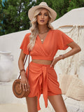 Taooba- Elegant Short Sleeve Crop Top Front Tie Shorts