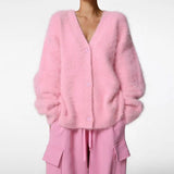 knitted Faux Mink Fur V-neck Knitted Cardigan for Women Autumn and Winter New Lazy Loose Long Sleeve Outer Sweater Coat