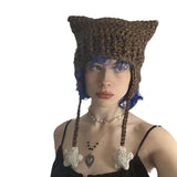 crochet adult hat Cat Ear Hat Hand-Woven Devil Horn Ruffle Cute Hot Girl Autumn and Winter Wool Warm