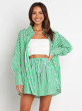 Taooba- Green Striped Long Sleeves and Shorts Set