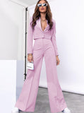 Taooba- Pink Long Sleeve Collared Top and Loose Pants Set