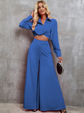 Taooba- Casual Long Sleeve Croptop and Wide Leg Pants Set