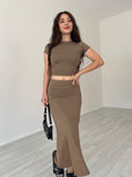 Taooba- Casual Khaki Round Neck Crop Top and Skirt Set