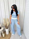 Taooba- Casual Blue Two Piece Round Neck Short Sleeve Tops Wide Leg Pants Set