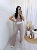 Taooba- Casual Gray Two Piece Round Neck Short Sleeve Tops Wide Leg Pants Set