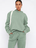 Taooba- Casual Green Hooded Long Sleeve Sweater and Trousers Set