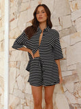 Taooba- Black Striped Half Sleeve Tops and Shorts Set