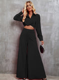 Taooba- Casual Long Sleeve Croptop and Wide Leg Pants Set