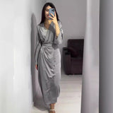 classy demure mindful dress to impress Women's Autumn New Long Dress Elegant Long Waist Chain Solid Color Satin Dress