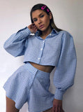 Taooba- Two Piece Long-Sleeve Plaid Crop Shirt High Waist Mini A-Line Shorts Set